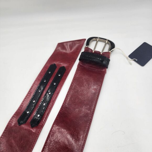 Italian Wide De Lonti Leather Belt Red Maroon Black Patent Stripes Sz M 31-35\